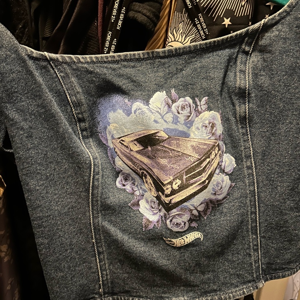 Forever 21 Blue Denim Overalls with Car and Floral Design